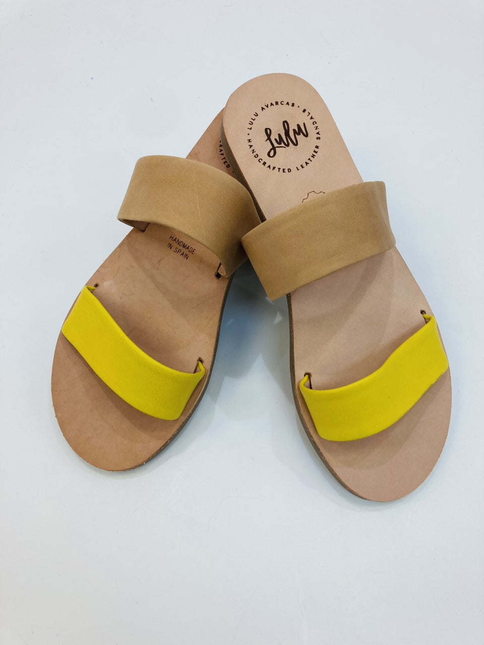 LULU AVARCAS 2 STRAP LEATHER SLIDE IN TAN AND MUSTARD but