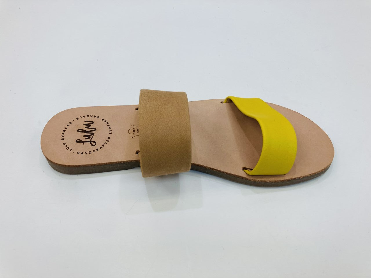LULU AVARCAS 2 STRAP LEATHER SLIDE IN TAN AND MUSTARD but