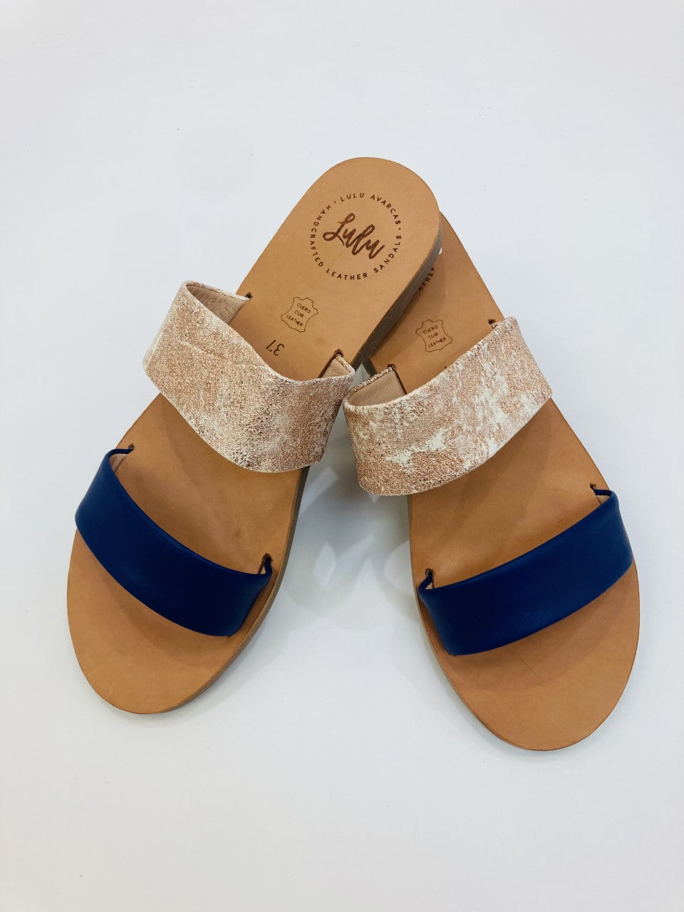 LULU AVARCAS LEATHER 2 STRAP SLIDE IN NAVY AND ROSE GOLD
