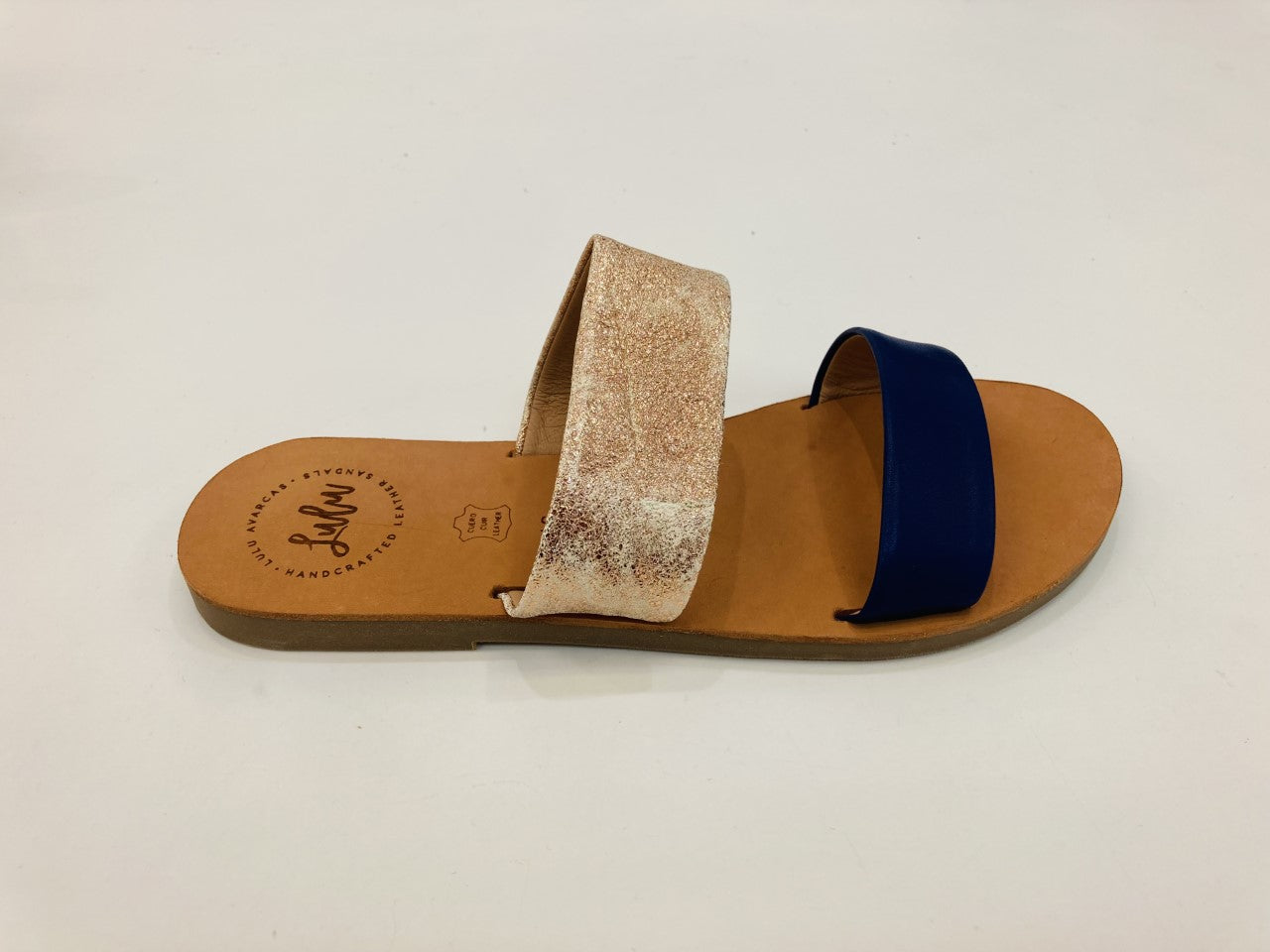 LULU AVARCAS LEATHER 2 STRAP SLIDE IN NAVY AND ROSE GOLD