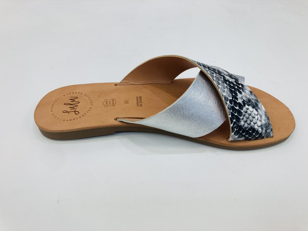 LULU AVARCAS CROSS OVER LEATHER SLIDE IN SILVER SNAKE