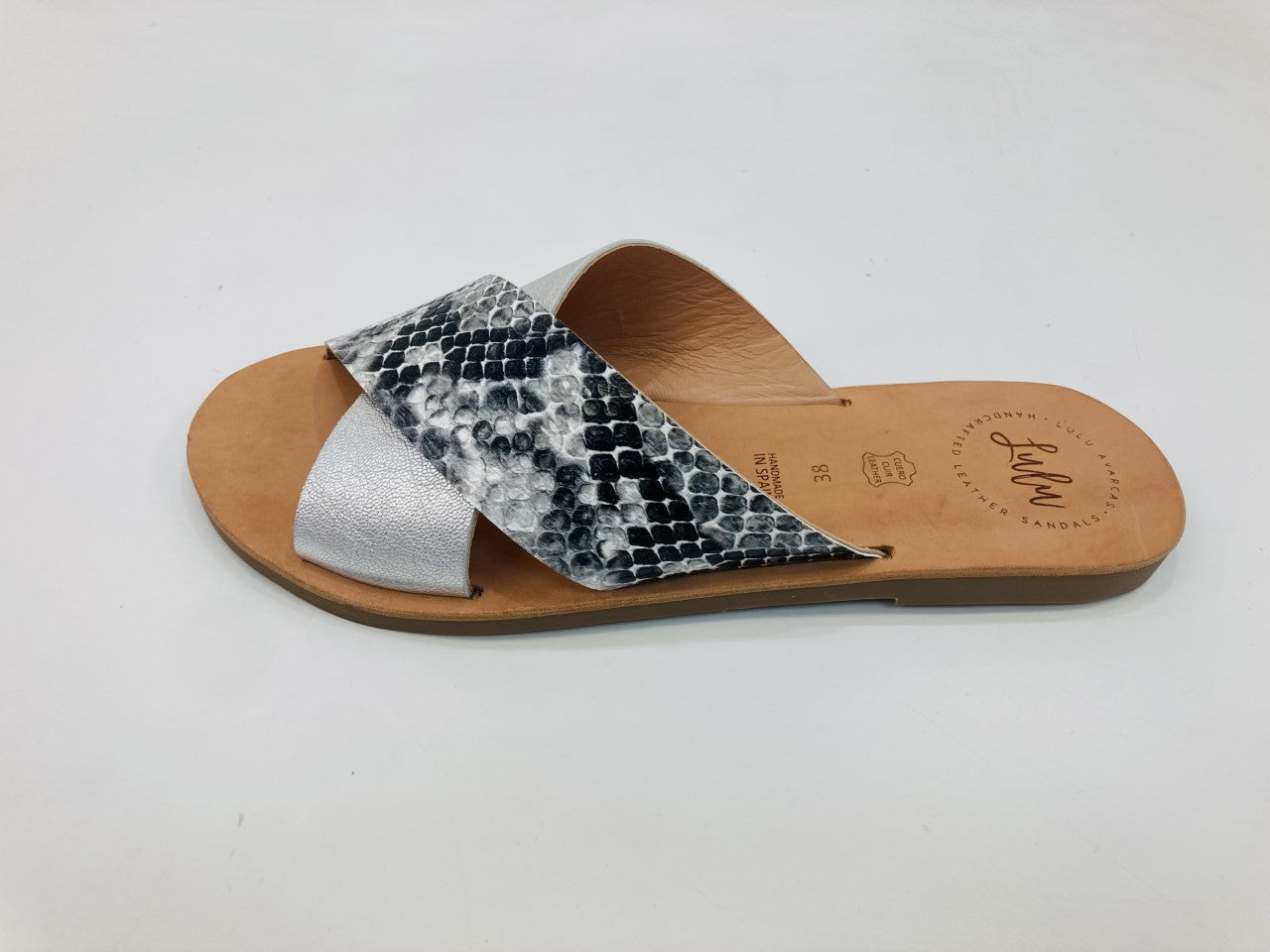 LULU AVARCAS CROSS OVER LEATHER SLIDE IN SILVER SNAKE