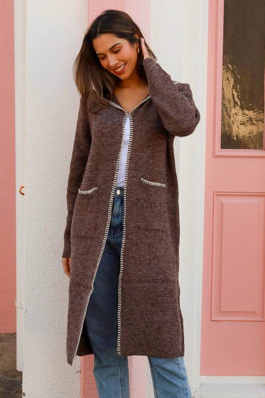 CHARLOTTE HOODED KNIT CARDI IN BROWN