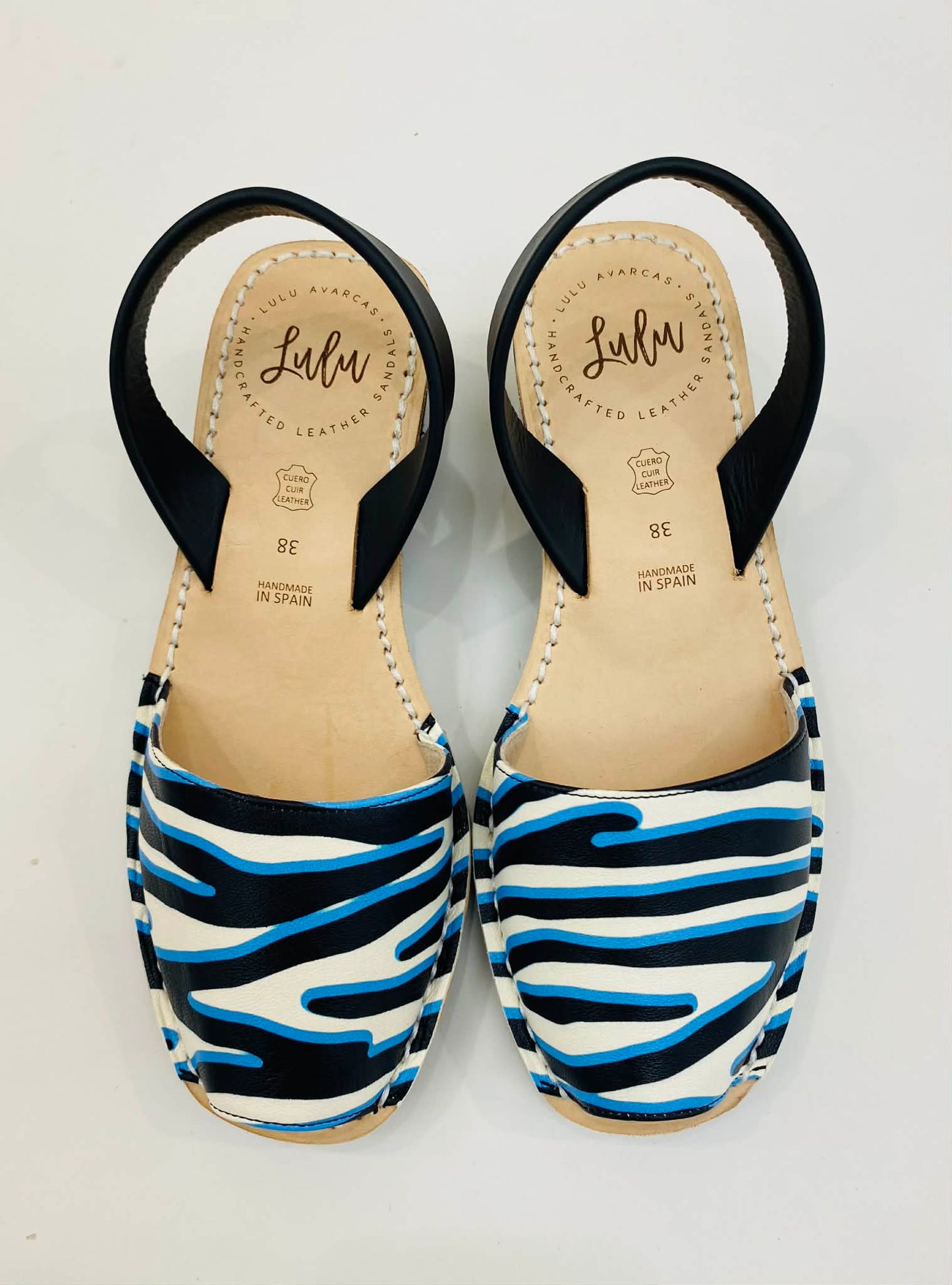 LULU AVARCAS BLUE ZEBRA BLACK WEDGE SANDAL