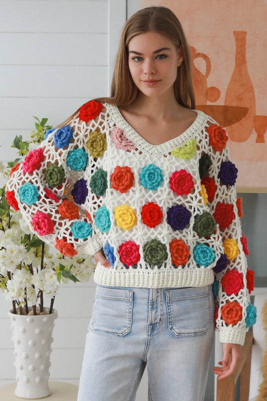 CHARLOTTE CROCHET MULTI COLOUR ROSETTE TOP