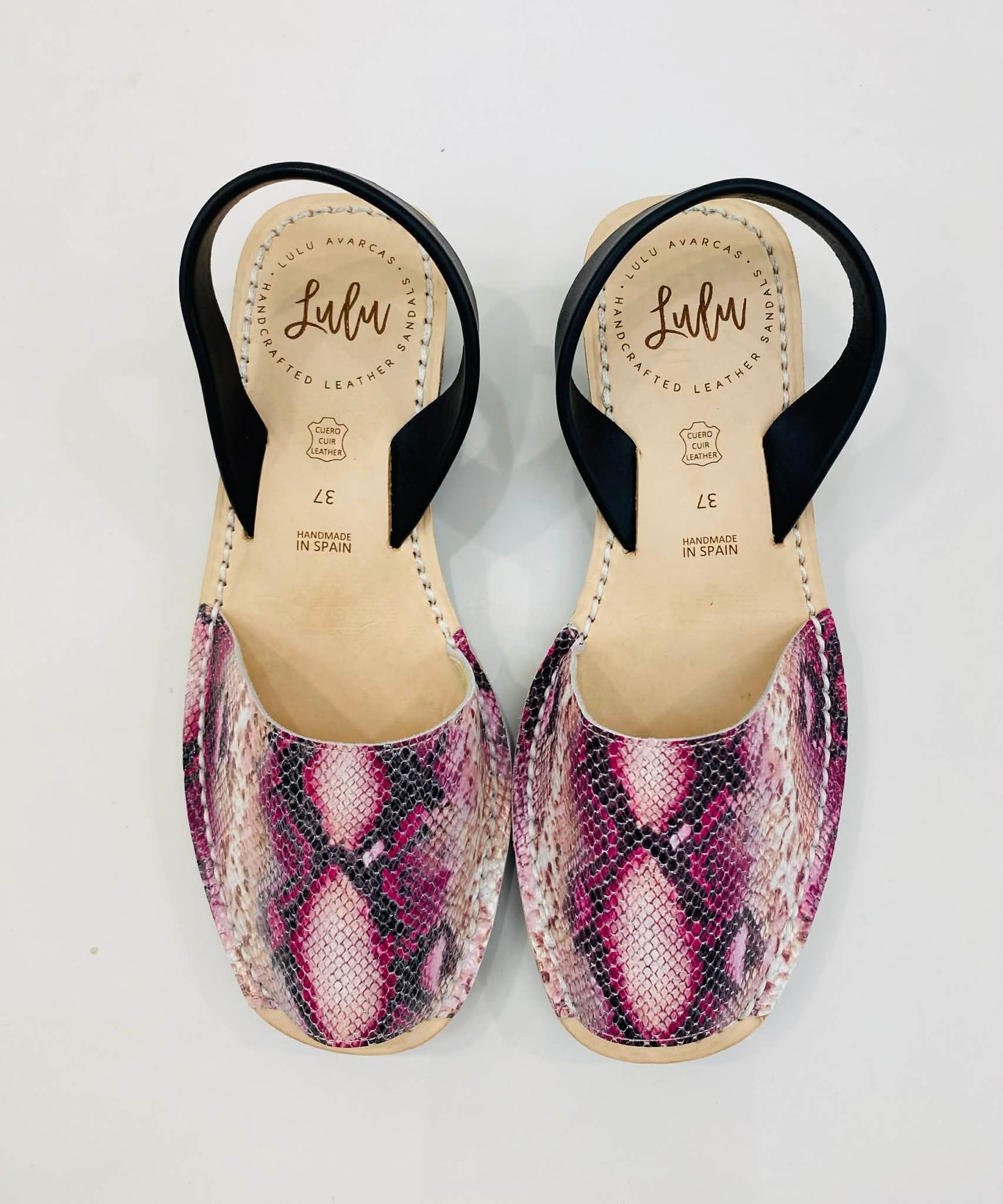 LULU AVARCAS PINK SNAKE BLACK WEDGE SANDAL