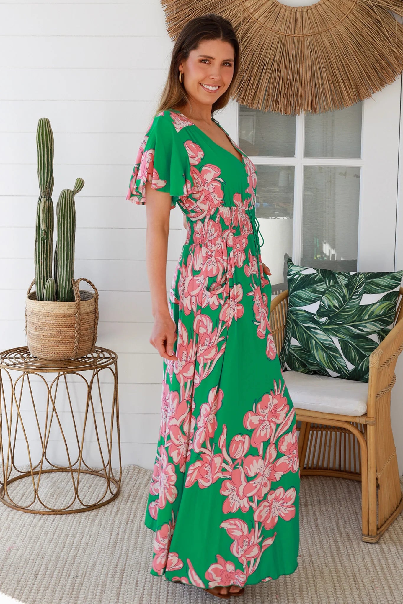 AVA & MIA BETTY GREEN V-NECK MAXI DRESS