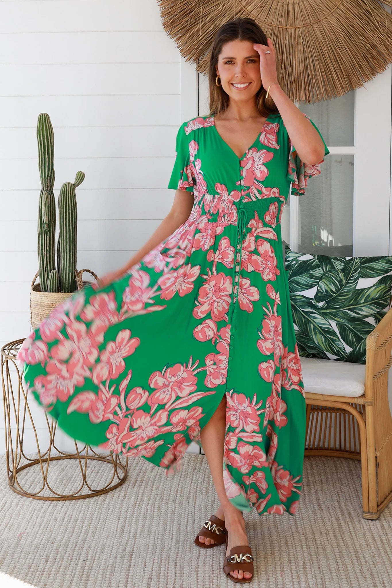 AVA & MIA BETTY GREEN V-NECK MAXI DRESS