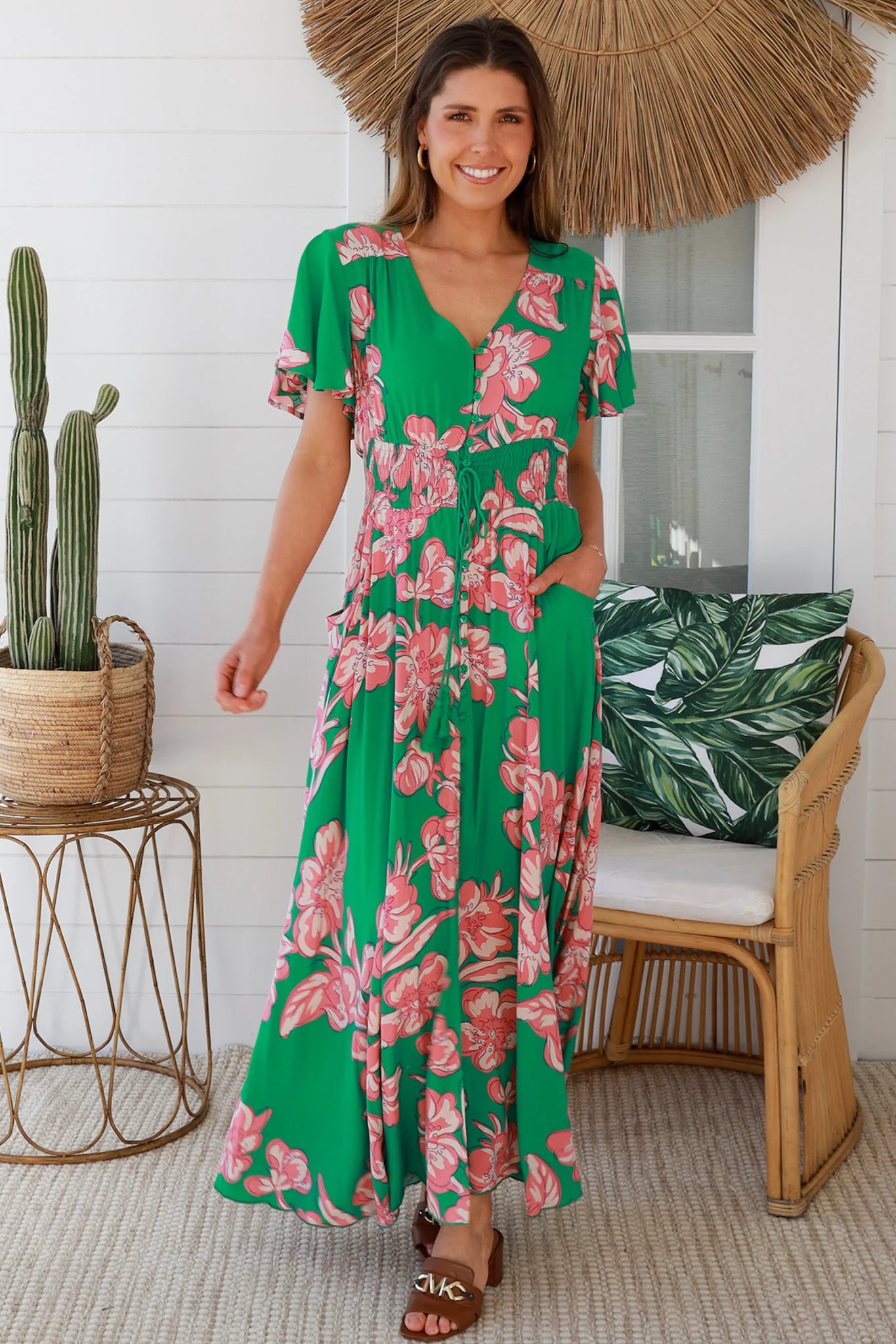 AVA & MIA BETTY GREEN V-NECK MAXI DRESS
