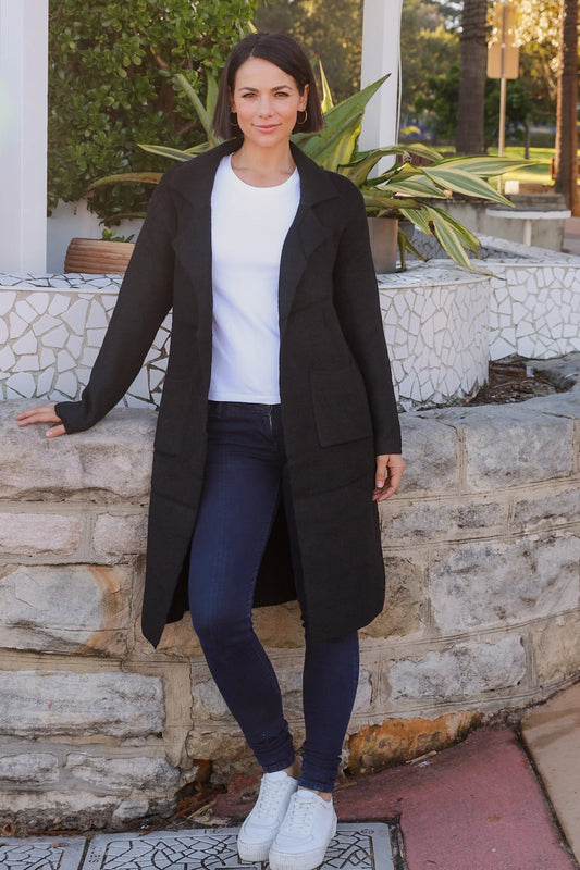 CHARLOTTE WOOL BLEND KNIT LONG CARDI IN BLACK