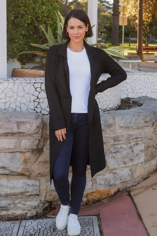 CHARLOTTE WOOL BLEND KNIT LONG CARDI IN BLACK