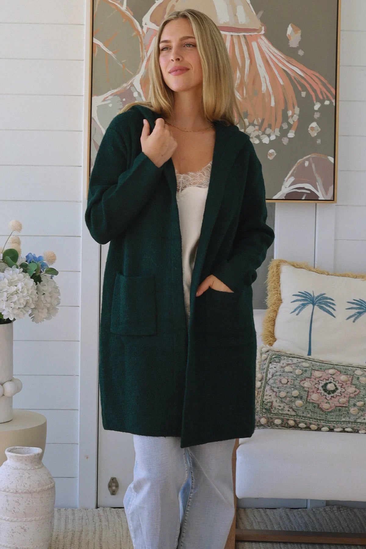 CHARLOTTE WOOL BLEND CARDI WITH HOOD IN FORREST GREEN