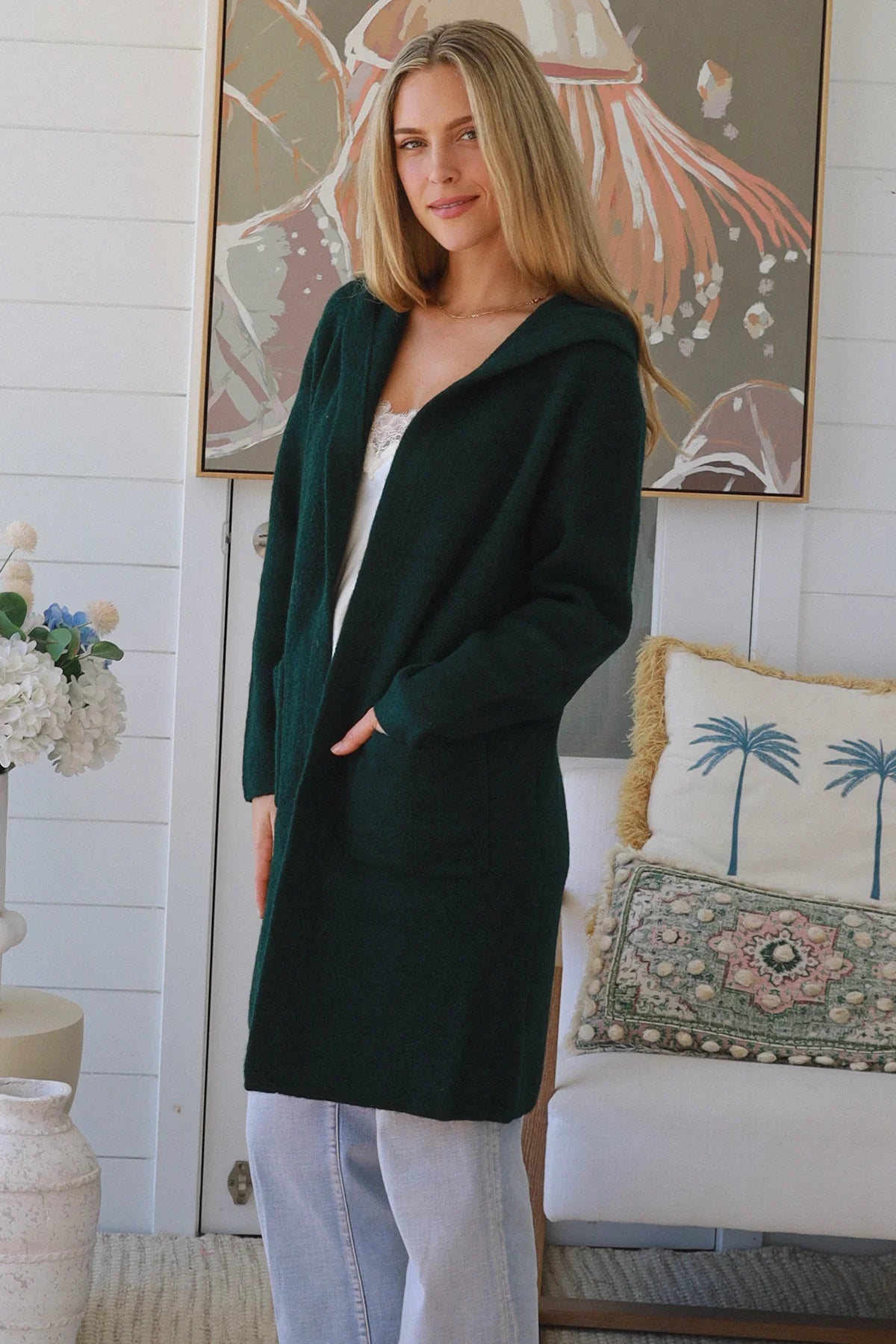 CHARLOTTE WOOL BLEND CARDI WITH HOOD IN FORREST GREEN