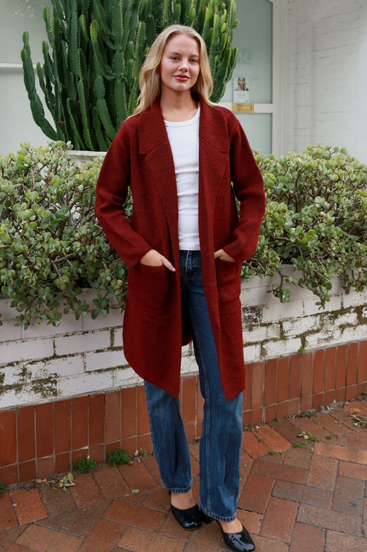 CHARLOTTE COZY WOOL BLEND KNIT CARDI IN DEEP CHERRY RED