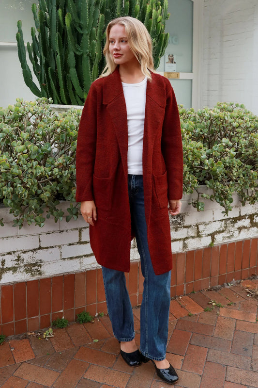 CHARLOTTE COZY WOOL BLEND KNIT CARDI IN DEEP CHERRY RED