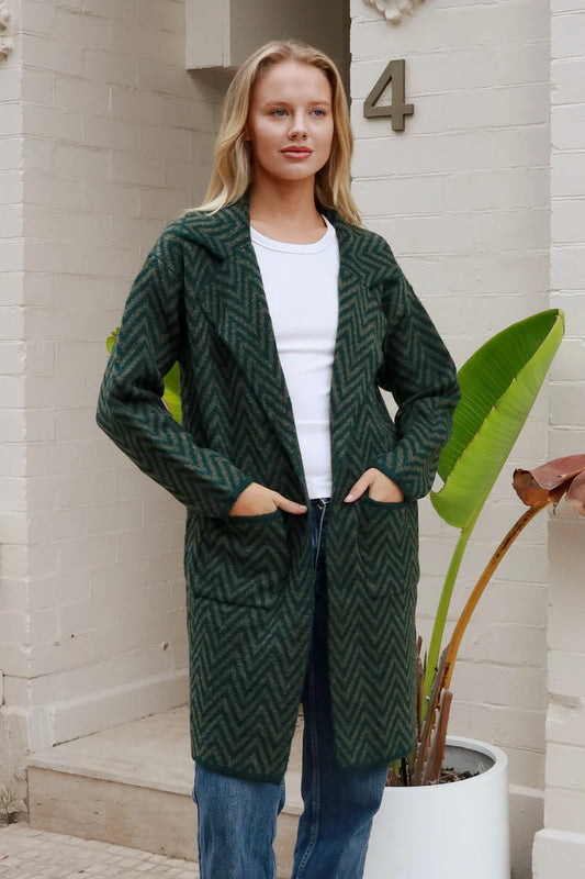 CHARLOTTE COZY WOOL BLEND KNIT CARDI IN AZTEC GREEN