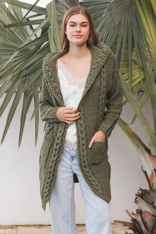 CHARLOTTE KHAKI PLAIT CARDI WITH HOOD