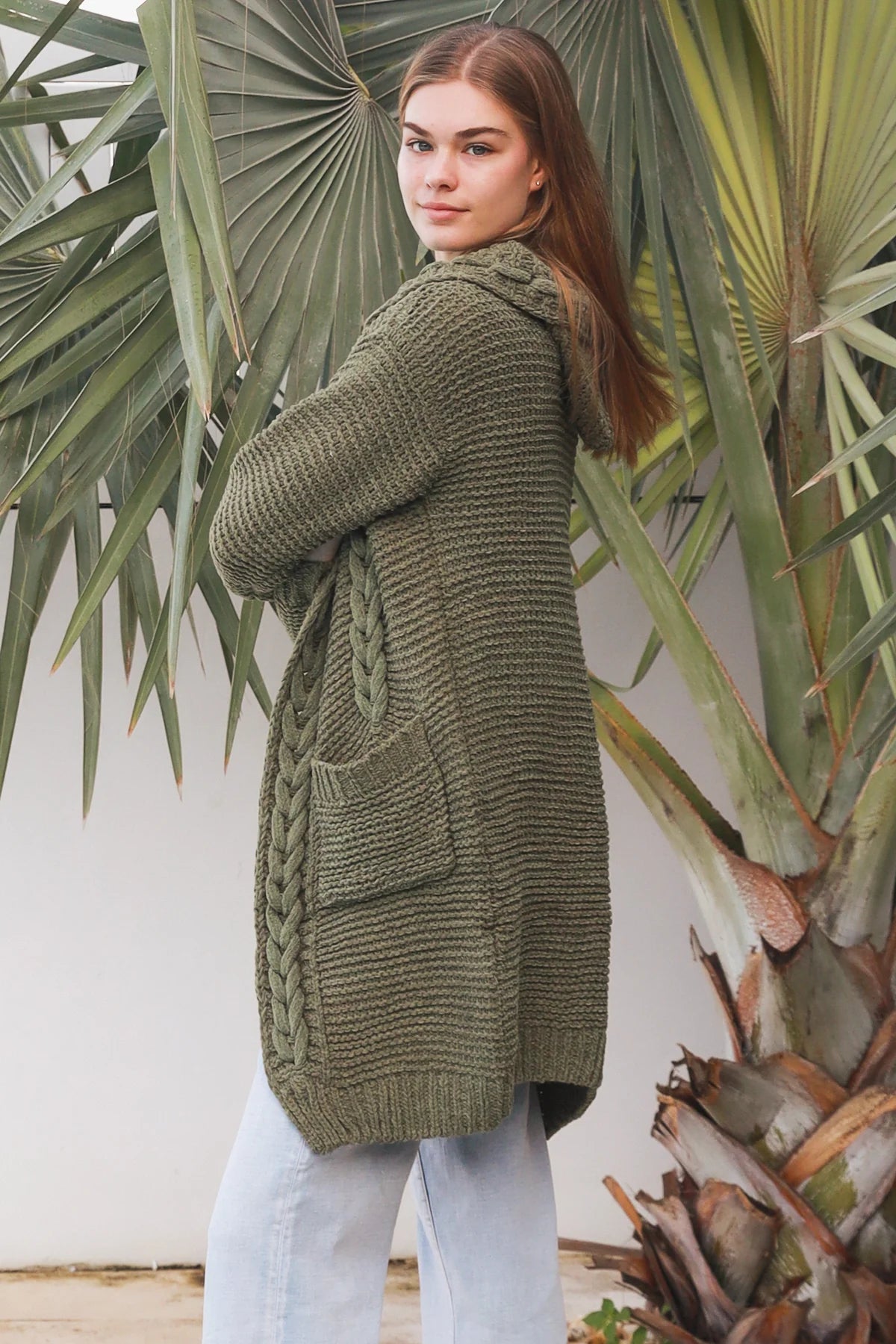 CHARLOTTE KHAKI PLAIT CARDI WITH HOOD