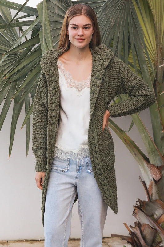 CHARLOTTE KHAKI PLAIT CARDI WITH HOOD