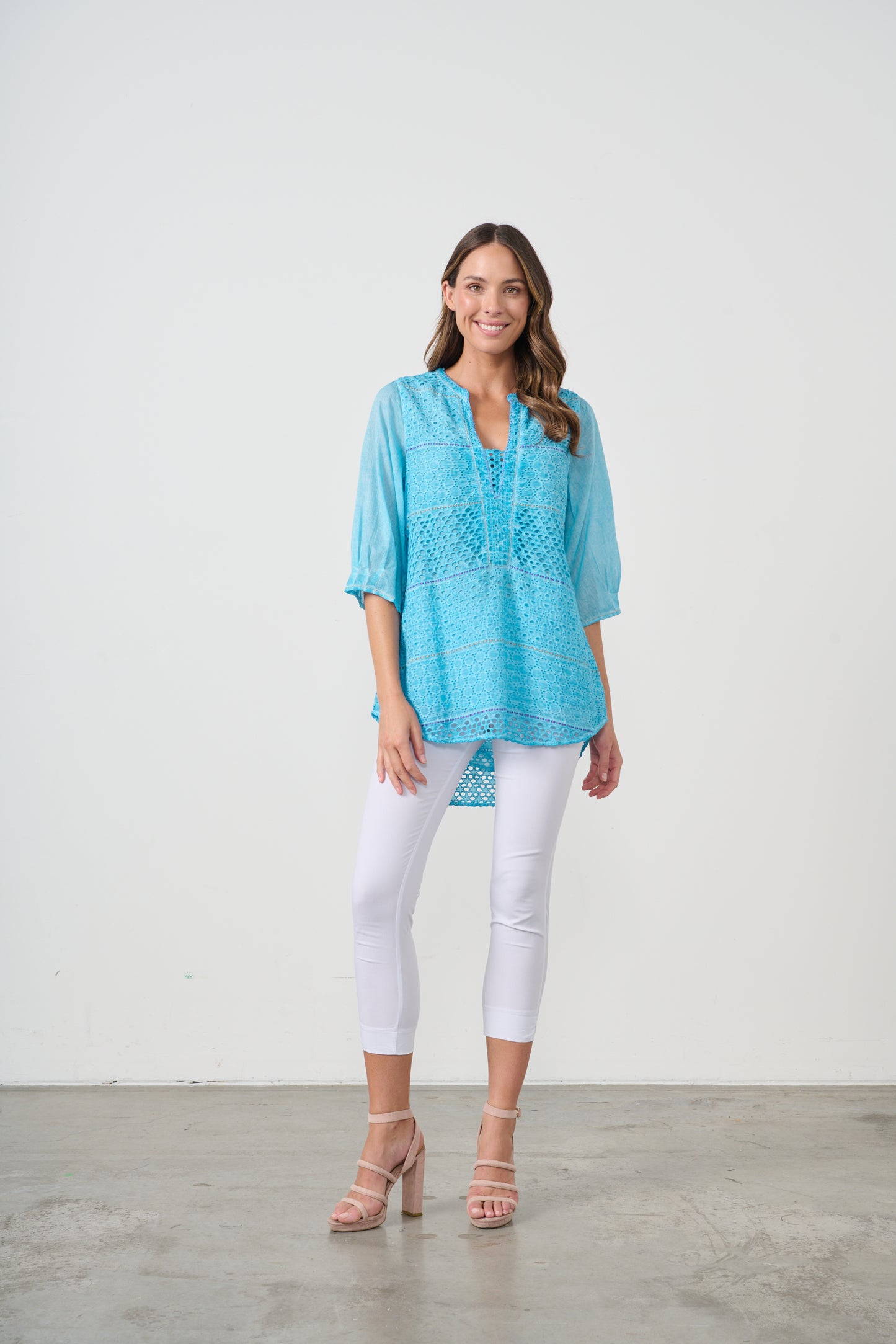 CAJU BRODERIE TUNIC WITH HI LOW HEM IN BLUE