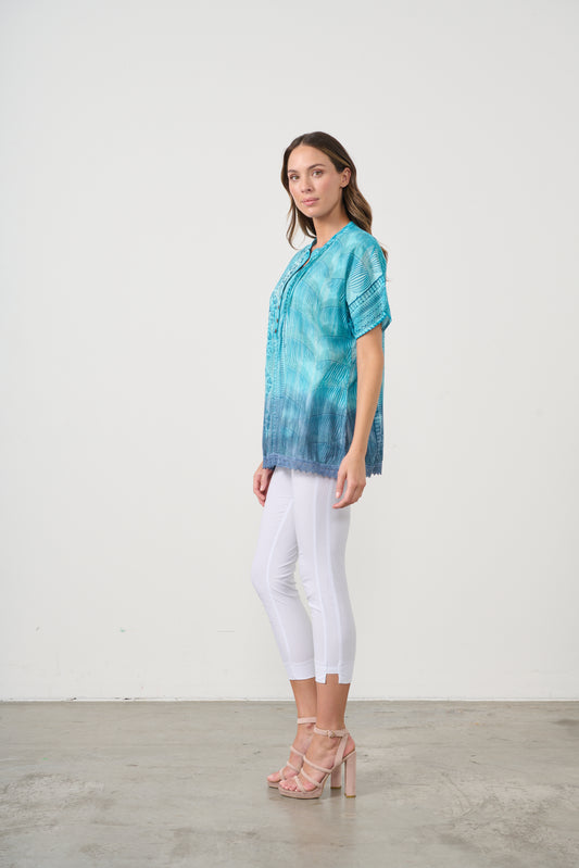 CAJU BLOUSE IN BLUE PRINT WITH LACE HEM