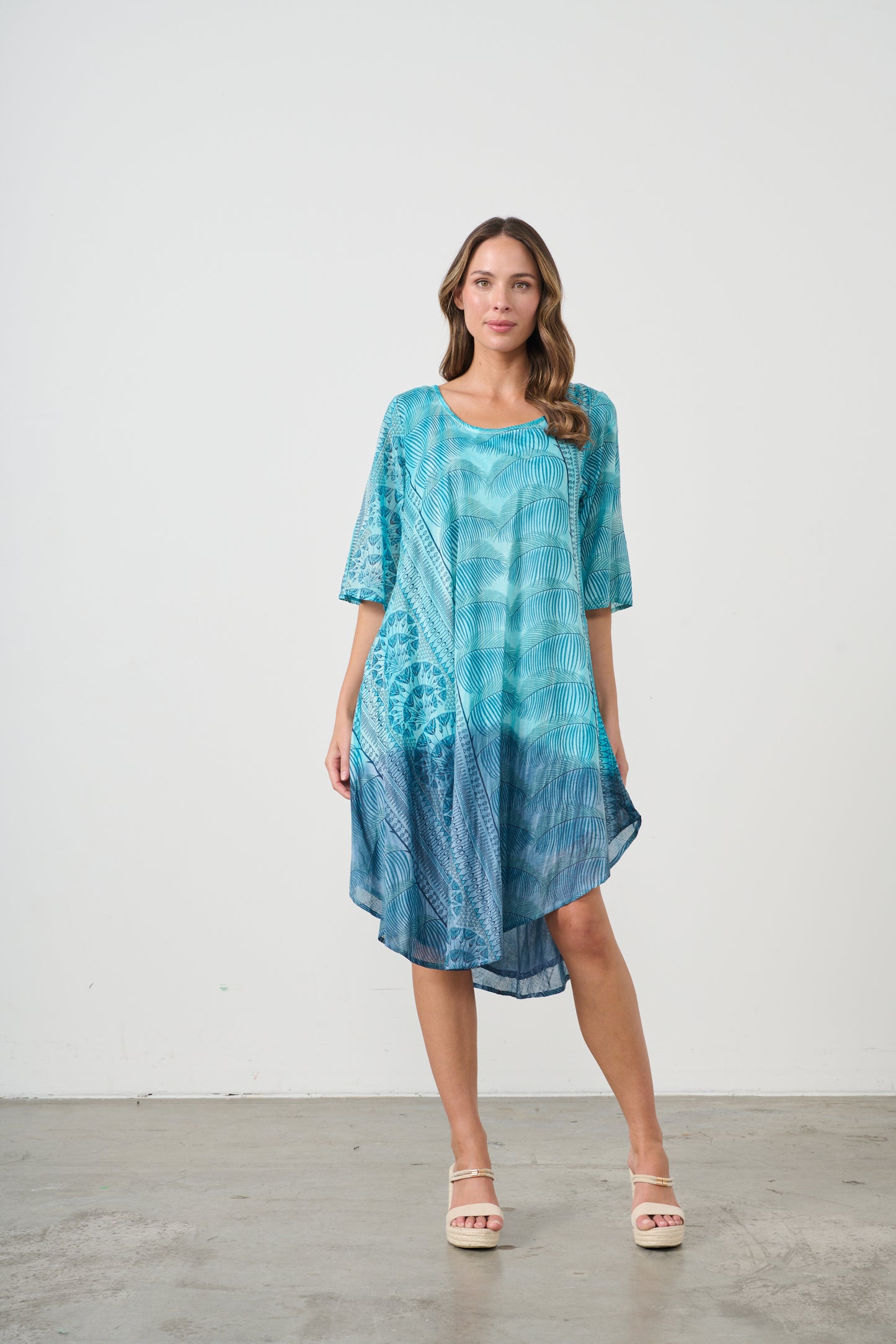 CAJU BIAS CUT COTTON DRESS IN MULTI BLUE PRINT