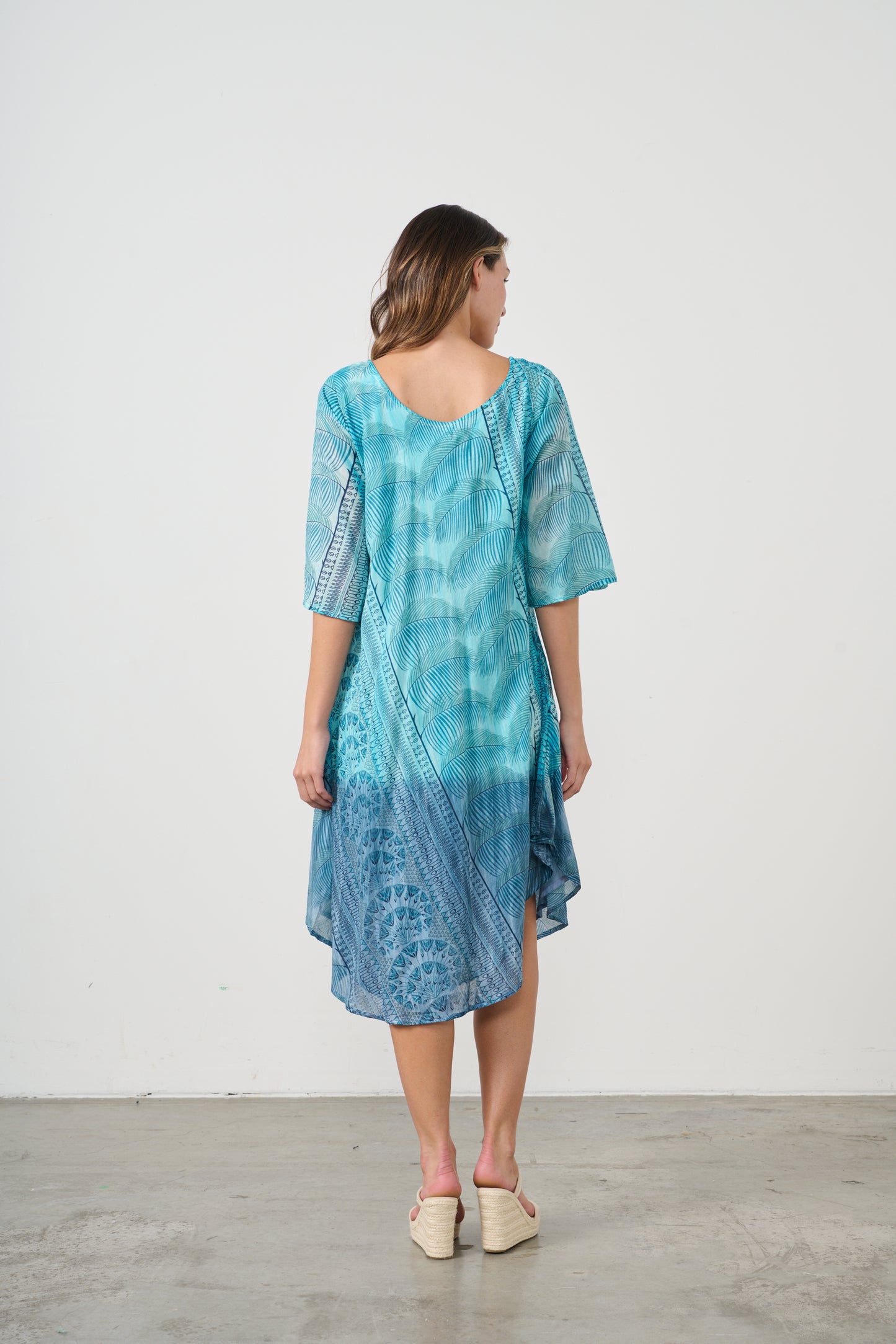 CAJU BIAS CUT COTTON DRESS IN MULTI BLUE PRINT