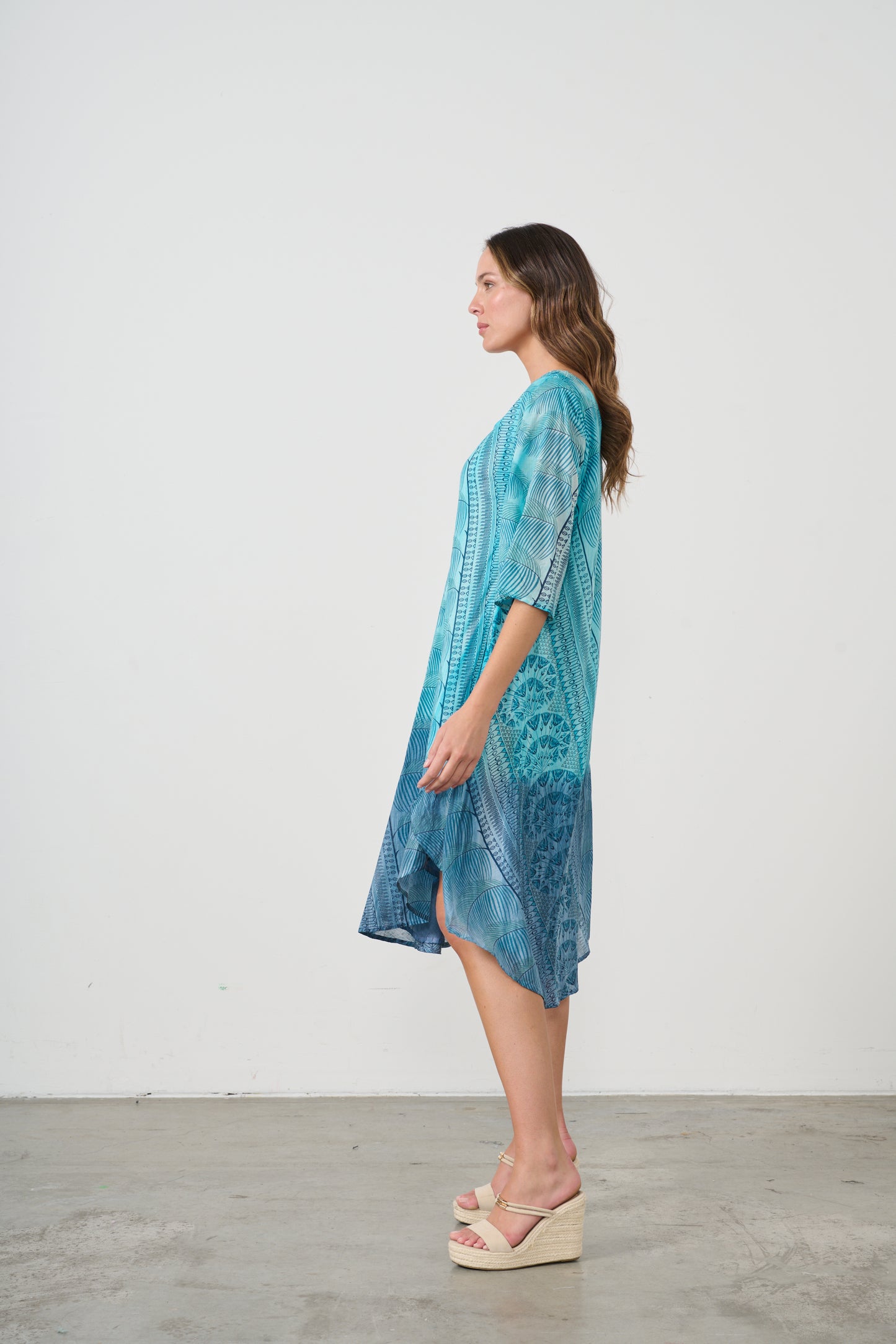 CAJU BIAS CUT COTTON DRESS IN MULTI BLUE PRINT