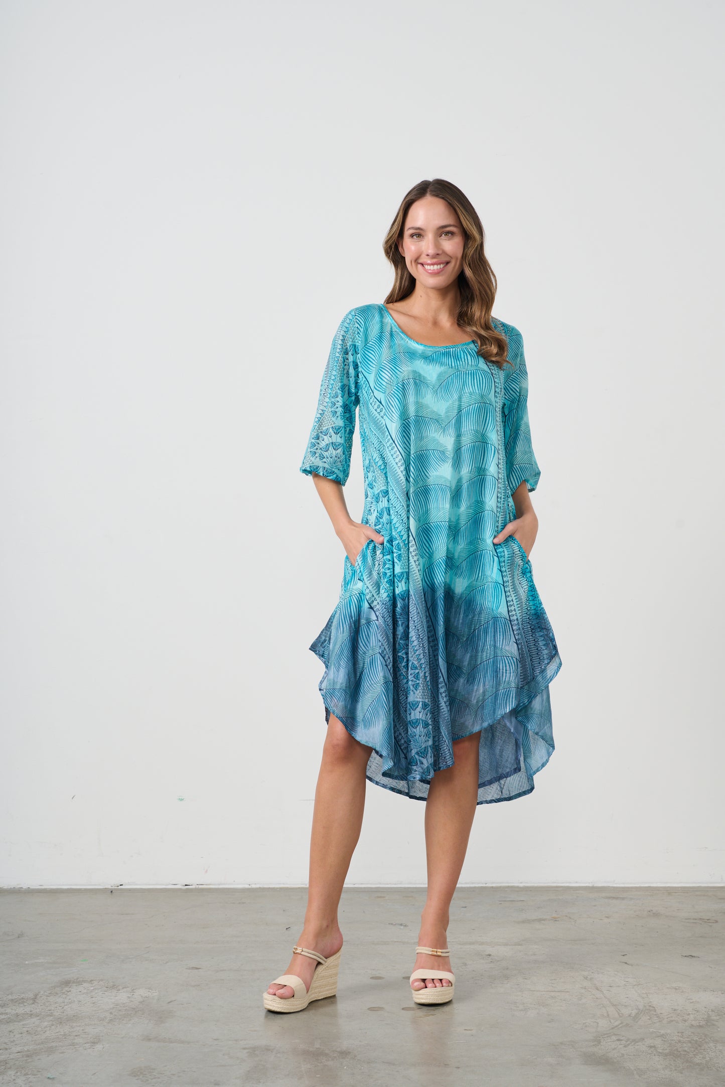 CAJU BIAS CUT COTTON DRESS IN MULTI BLUE PRINT