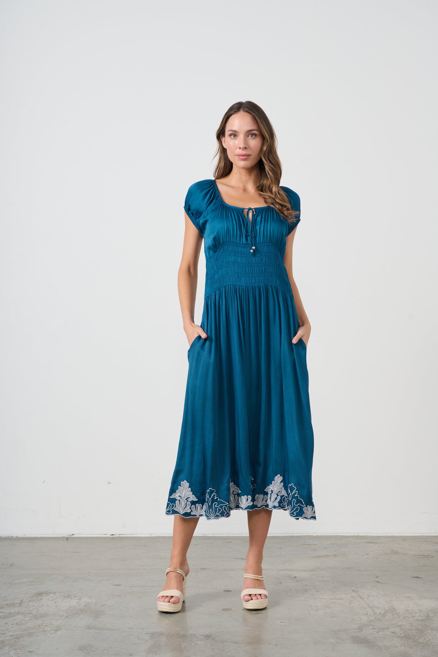 CAJU CONTRAST EMBROIDERY DRESS WITH SHIRRED WASIT IN BLUE