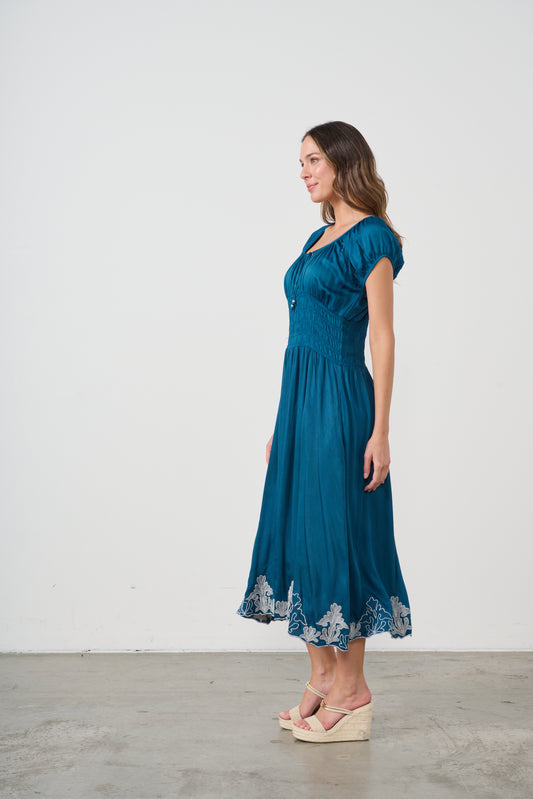 CAJU CONTRAST EMBROIDERY DRESS WITH SHIRRED WASIT IN BLUE