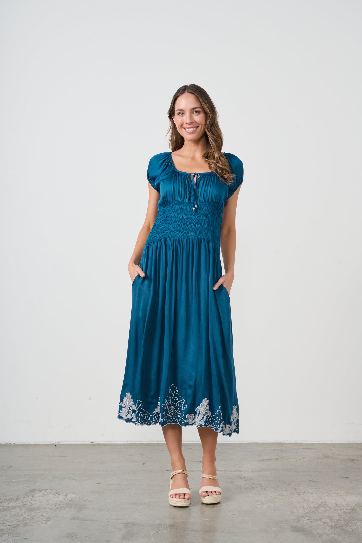 CAJU CONTRAST EMBROIDERY DRESS WITH SHIRRED WASIT IN BLUE