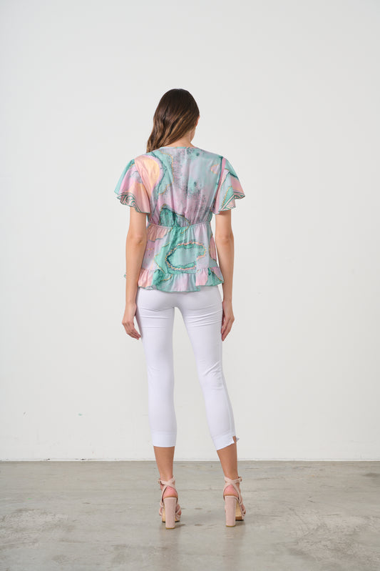 CAJU PINK MARBLE PRINT TOP WITH DRAWSTRING NECKLINE