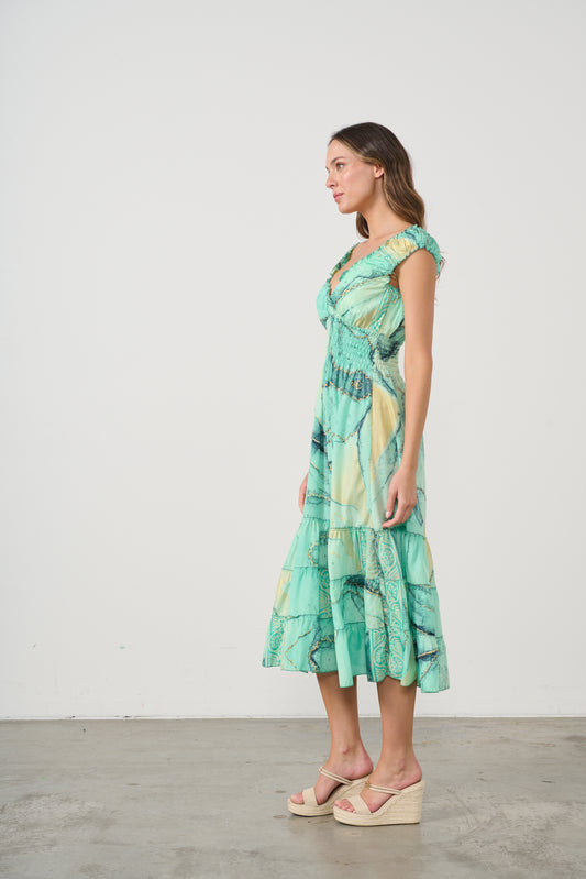 CAJU MARBLE PRINT DRESS WITH SHIRRED WAIST IN AQUA