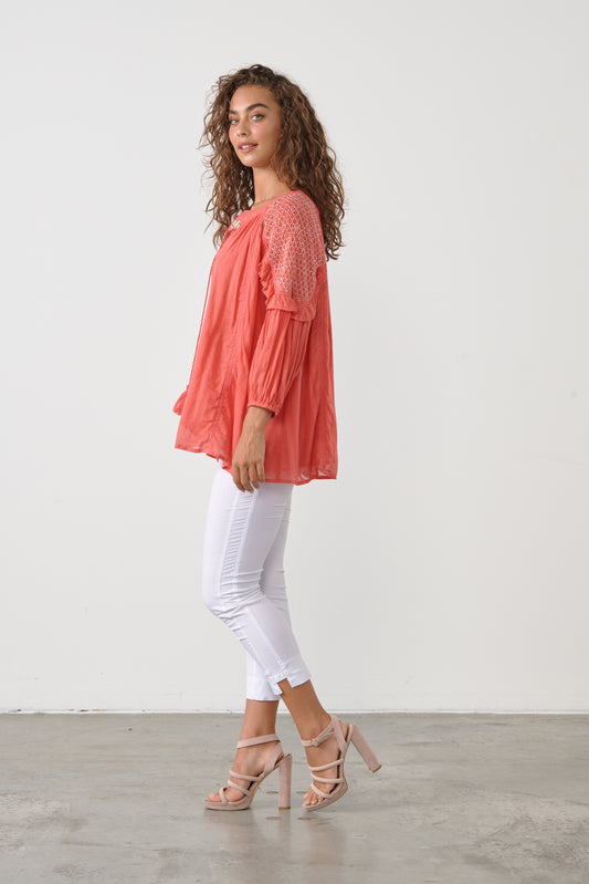 CAJU COTTON TOP WITH DETAILED SLEEVE IN WATERMELON