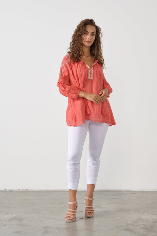 CAJU COTTON TOP WITH DETAILED SLEEVE IN WATERMELON