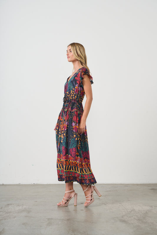 HOLMES & FALLON TROPICAL PRINT ELASTIC WAIST DRESS - BLACK