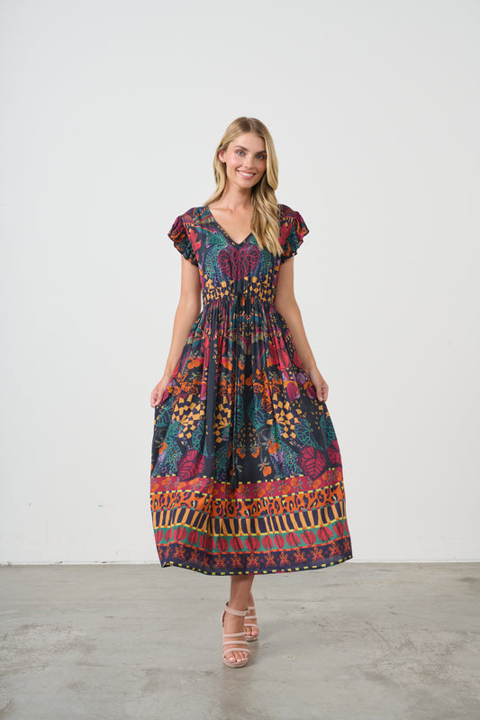 HOLMES & FALLON TROPICAL PRINT ELASTIC WAIST DRESS - BLACK