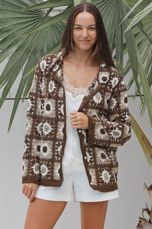 WILLOW MIDI PATCHWORK CARDI WITH COLLAR IN EARTHY TONES