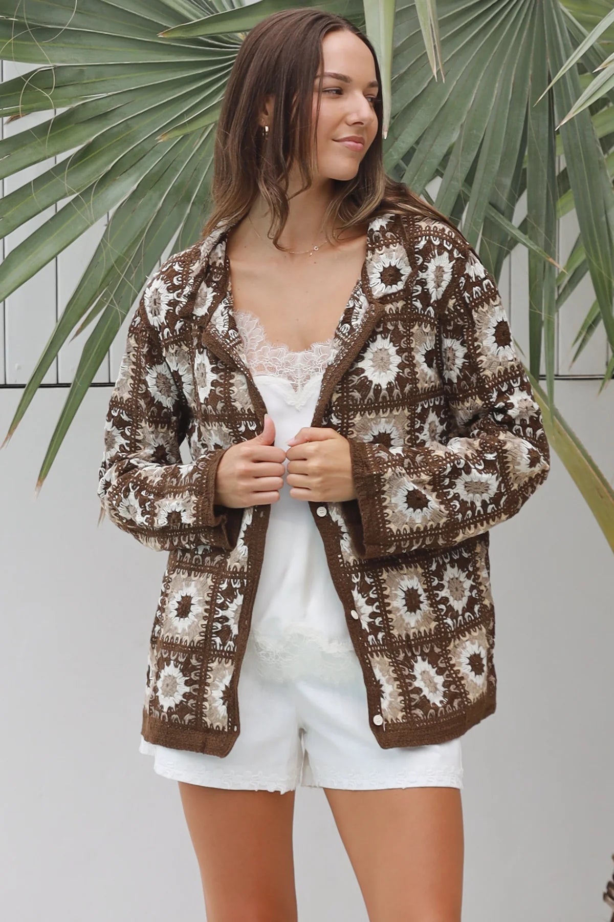 WILLOW MIDI PATCHWORK CARDI WITH COLLAR IN EARTHY TONES