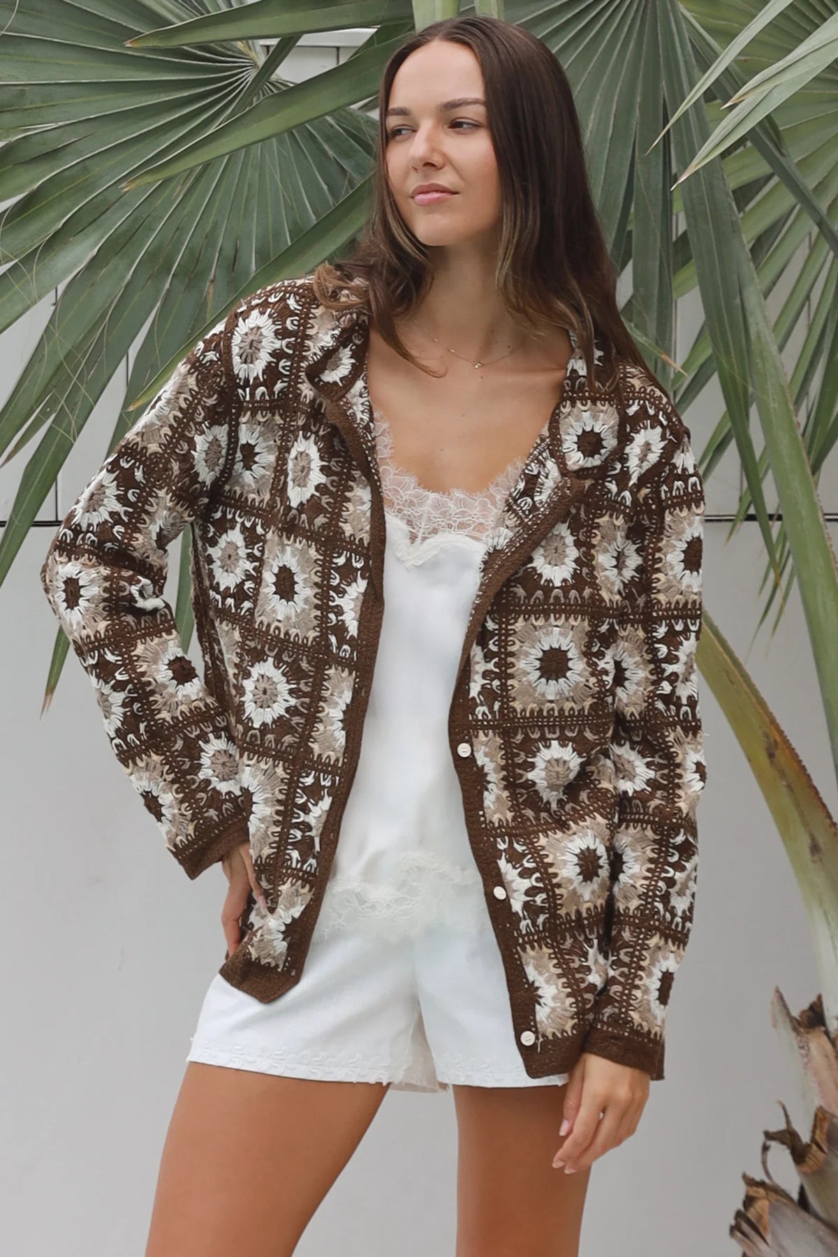 WILLOW MIDI PATCHWORK CARDI WITH COLLAR IN EARTHY TONES