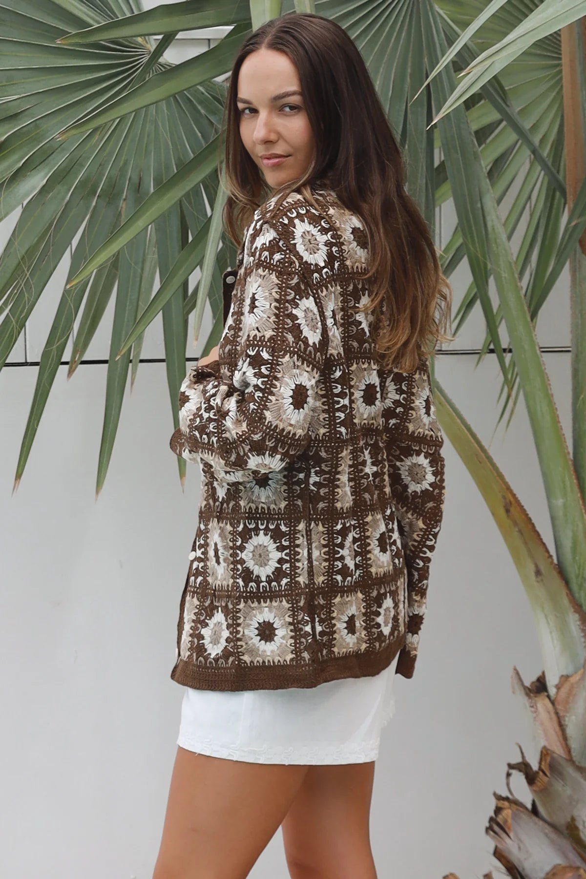 WILLOW MIDI PATCHWORK CARDI WITH COLLAR IN EARTHY TONES