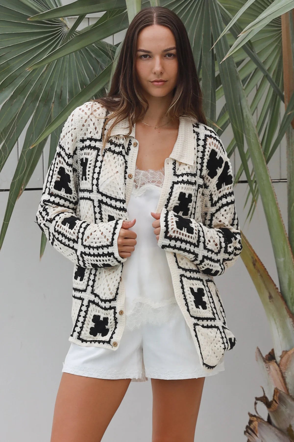 WILLOW CROCHET BUTTON DOWN CARDI IN CREAM WITH BLACK