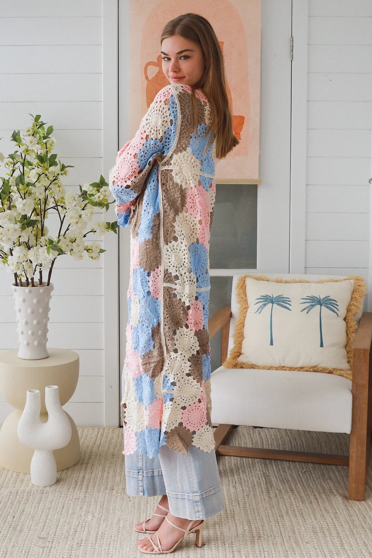 WILLOW LONG CROCHET CARDI IN PINK, BLUE, CREAM AND BROWN