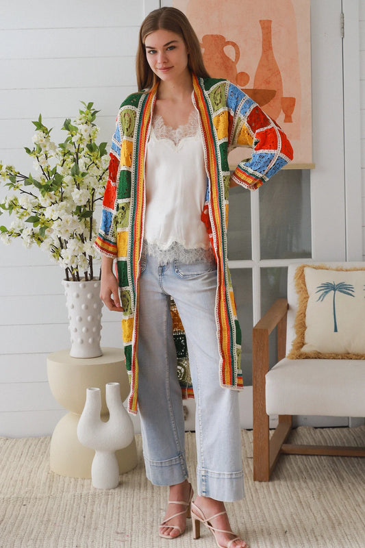 WILLOW LONG CROCHET CARDI IN MULTI COLOURS