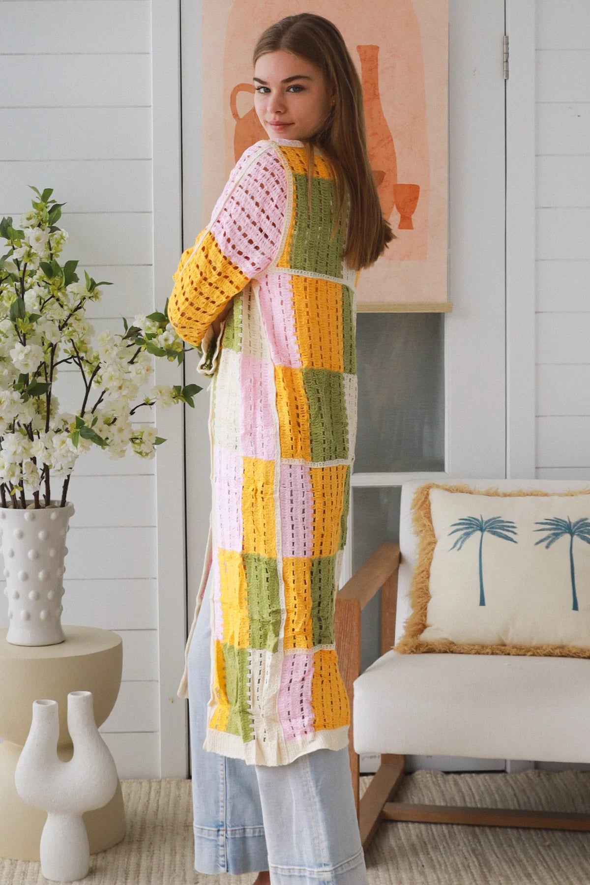 WILLOW LONG CROCHET CARDI IN YELLOW, PINK, CREAM AND GREEN