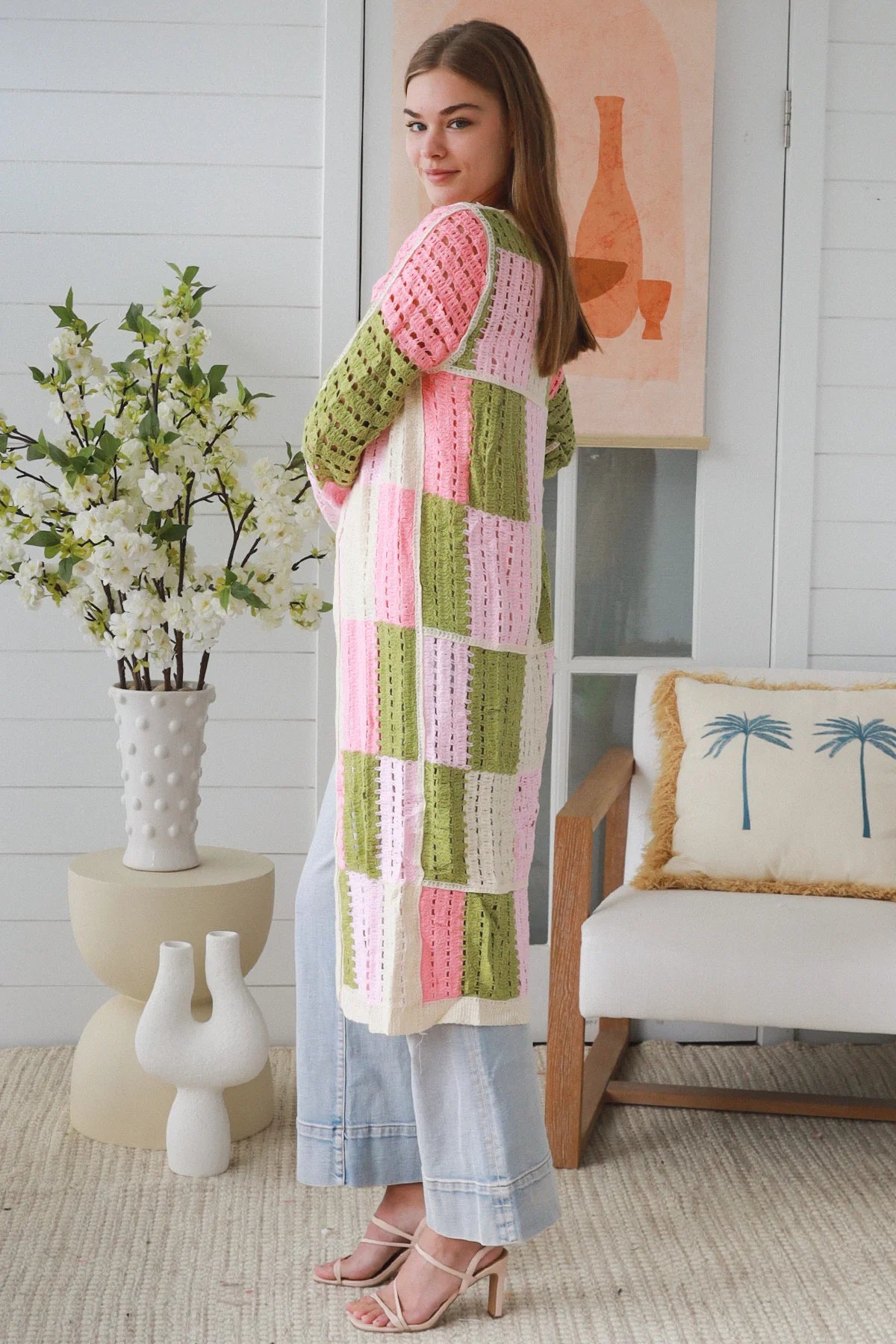 WILLOW LONG CROCHET CARDI IN PINK, CREAM AND GREEN