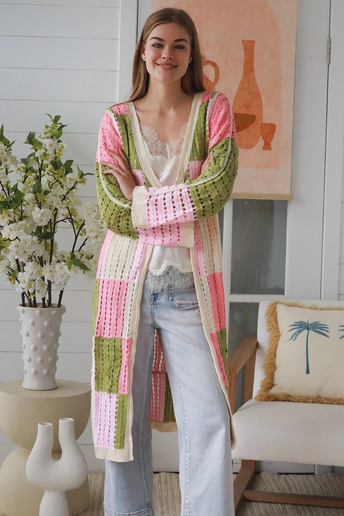 WILLOW LONG CROCHET CARDI IN PINK, CREAM AND GREEN