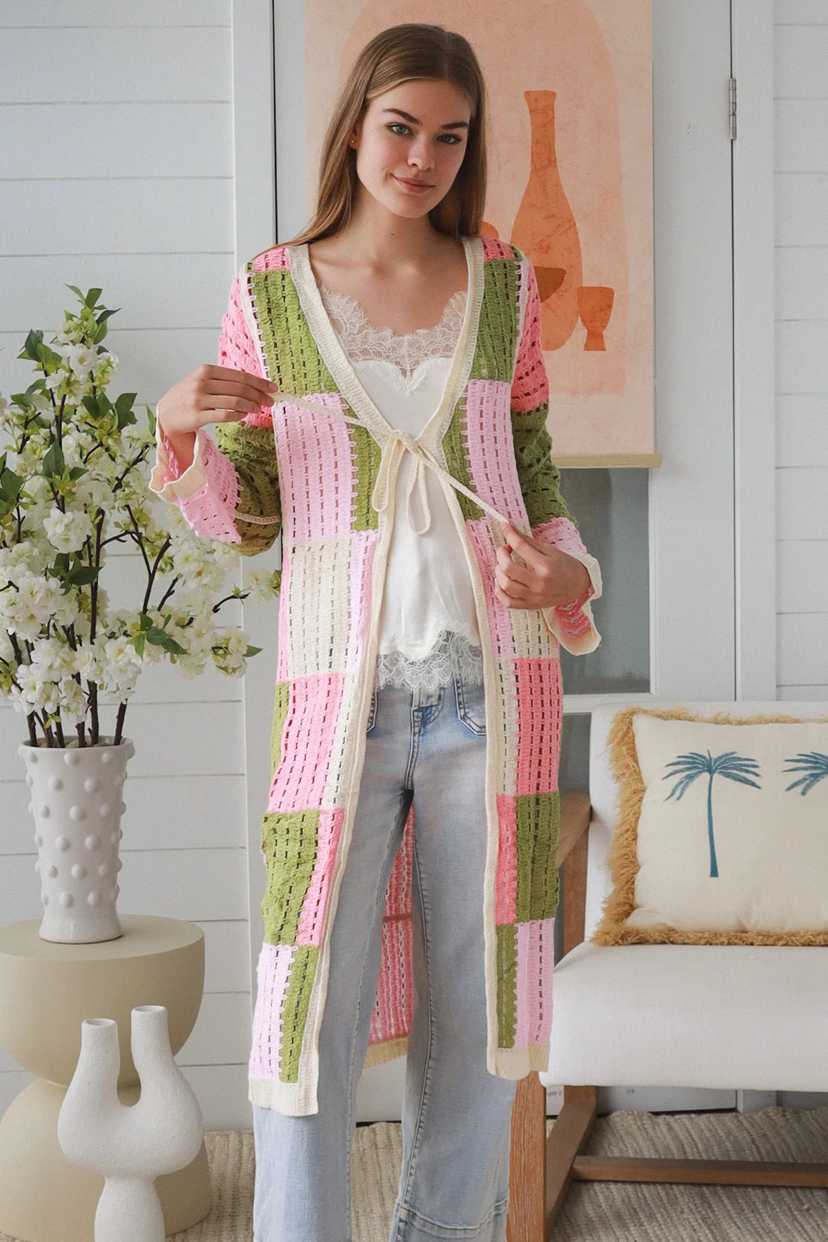 WILLOW LONG CROCHET CARDI IN PINK, CREAM AND GREEN