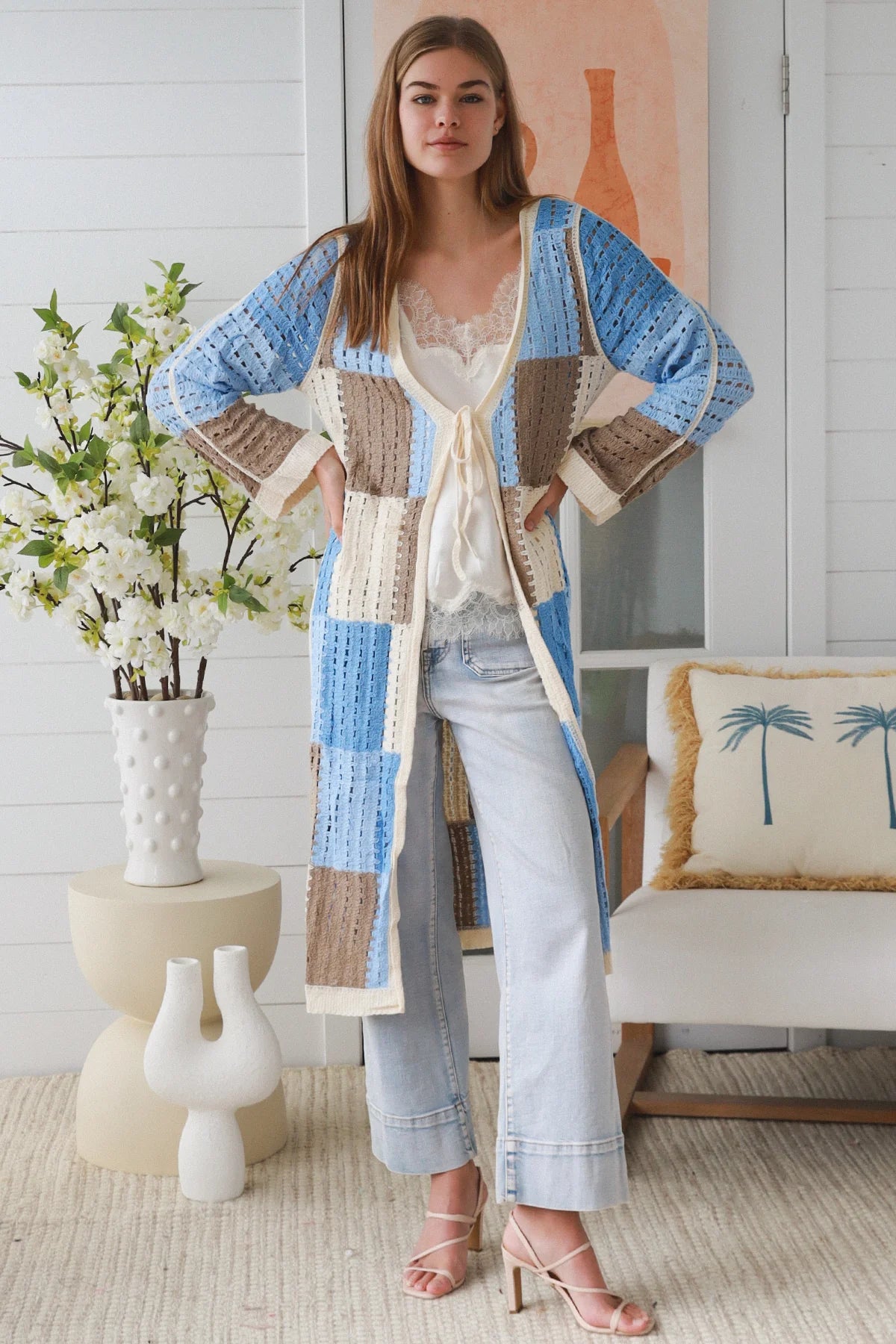 WILLOW LONG CROCHET CARDI IN BLUE, BEIGE AND CREAM